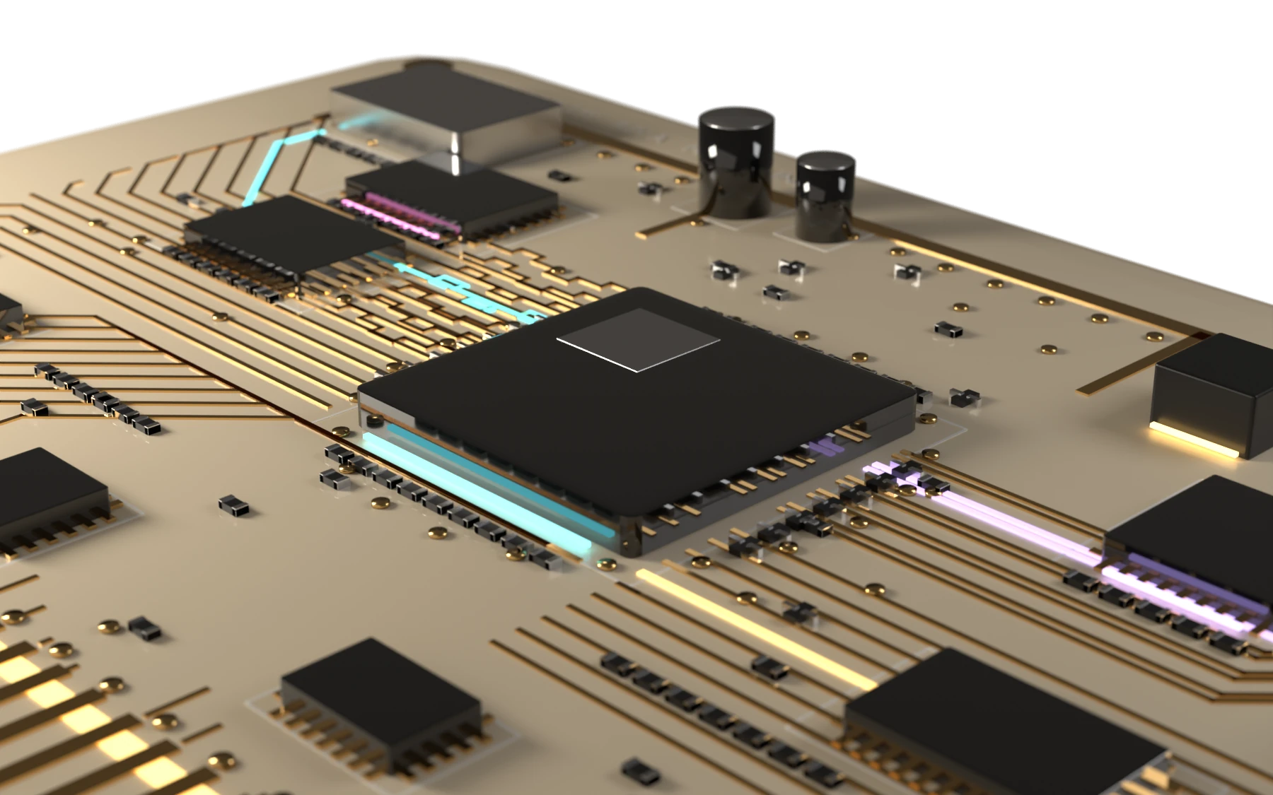 A multilayer circuit board rendered in close macro, copper routing catching the light