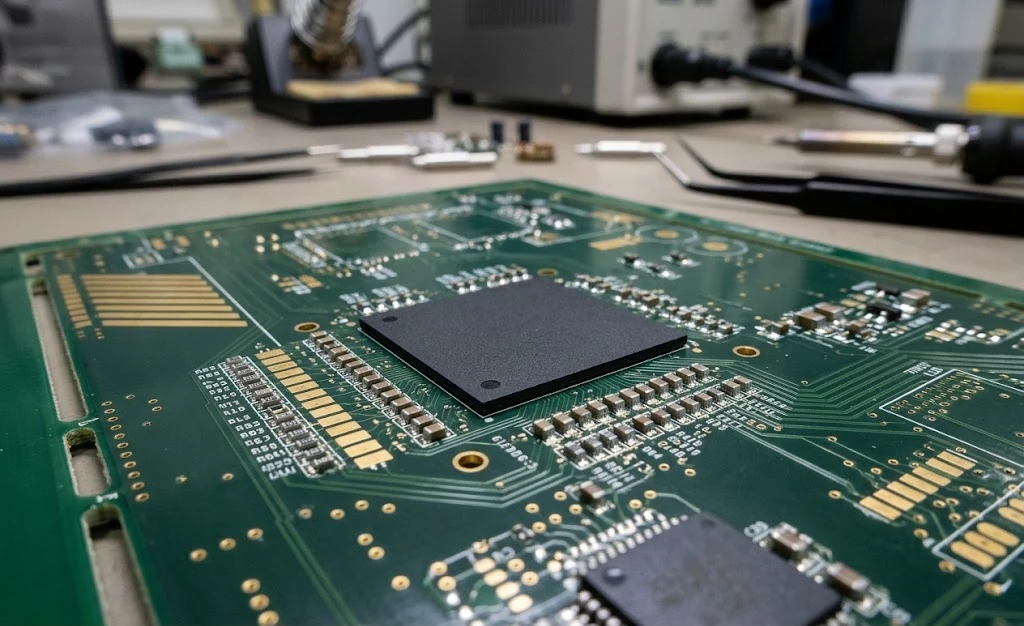 A finished assembly on the bench after reflow, before depanel