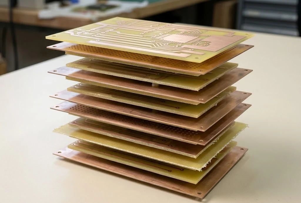 A multilayer board pulled apart, copper layers and the resin between them